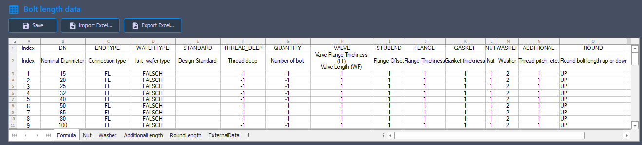 Bolt length calculation dialog with formula parameters and component dimensions