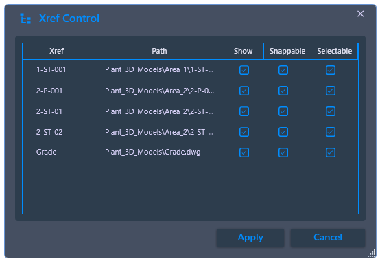 Dialog box showing three XRefs and their Visibility, Snappability, and Selectability toggles