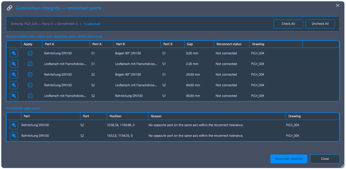 The 'Check Unconnected Parts' dialog shows connection points, gaps, and reconnection options