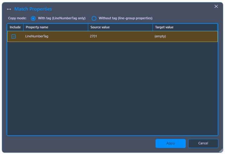 PiCriMatchProperties dialog for copying properties with or without tag