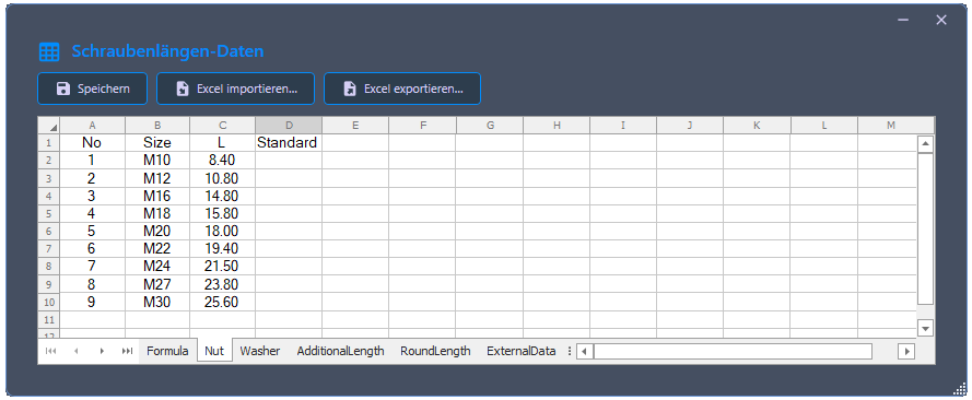 Die „LookupTable“ definiert Nachschlageregeln für jede Formel in BoltLengthCalculation.json