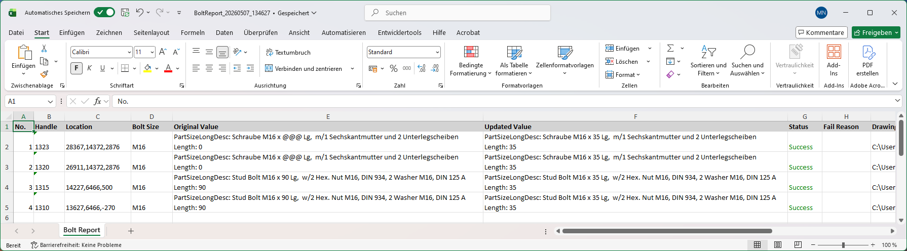 Tabellenansicht eines Excel-Berichts mit Details zu Bolzenverbindungen