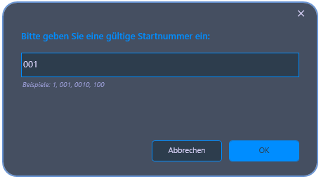 Dialogfeld zum Bestätigen der Startnummer