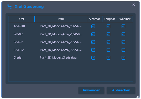XRef-Steuerung: Dialog zum Konfigurieren der Sichtbarkeit und Fangbarkeit von XRefs