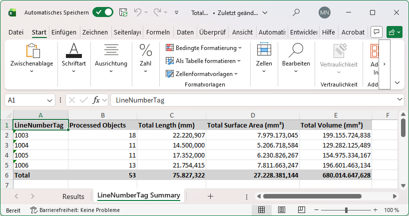 Exportierte Daten in Excel mit detaillierten Rohrlängen und Spezifikationen