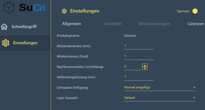 Calling the SuCri function Tolerance in the ribbon SuCri function Tolerance in the SuCri tab, Module 3, Settings