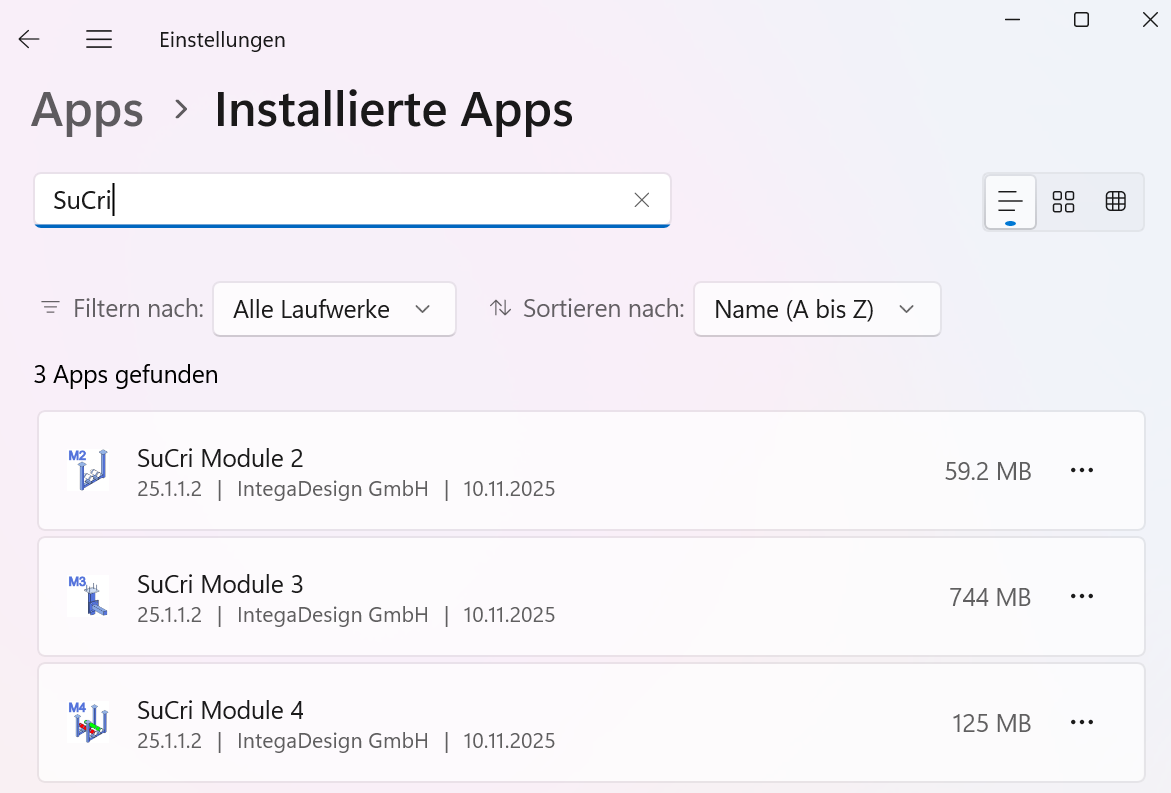 Tabelle mit den zu löschenden Daten und Speicherorten