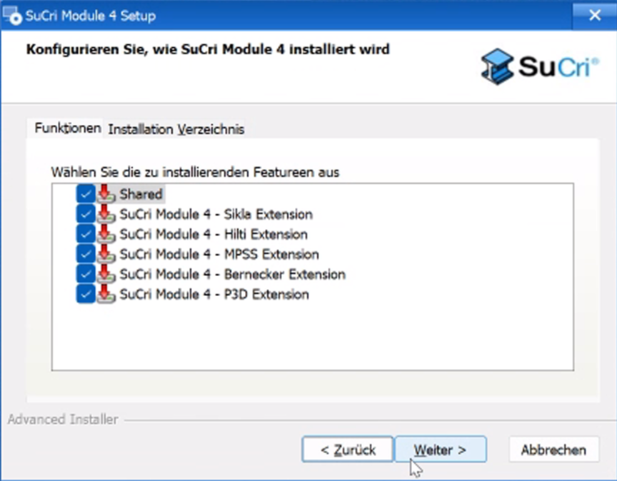 Extensions auswählen