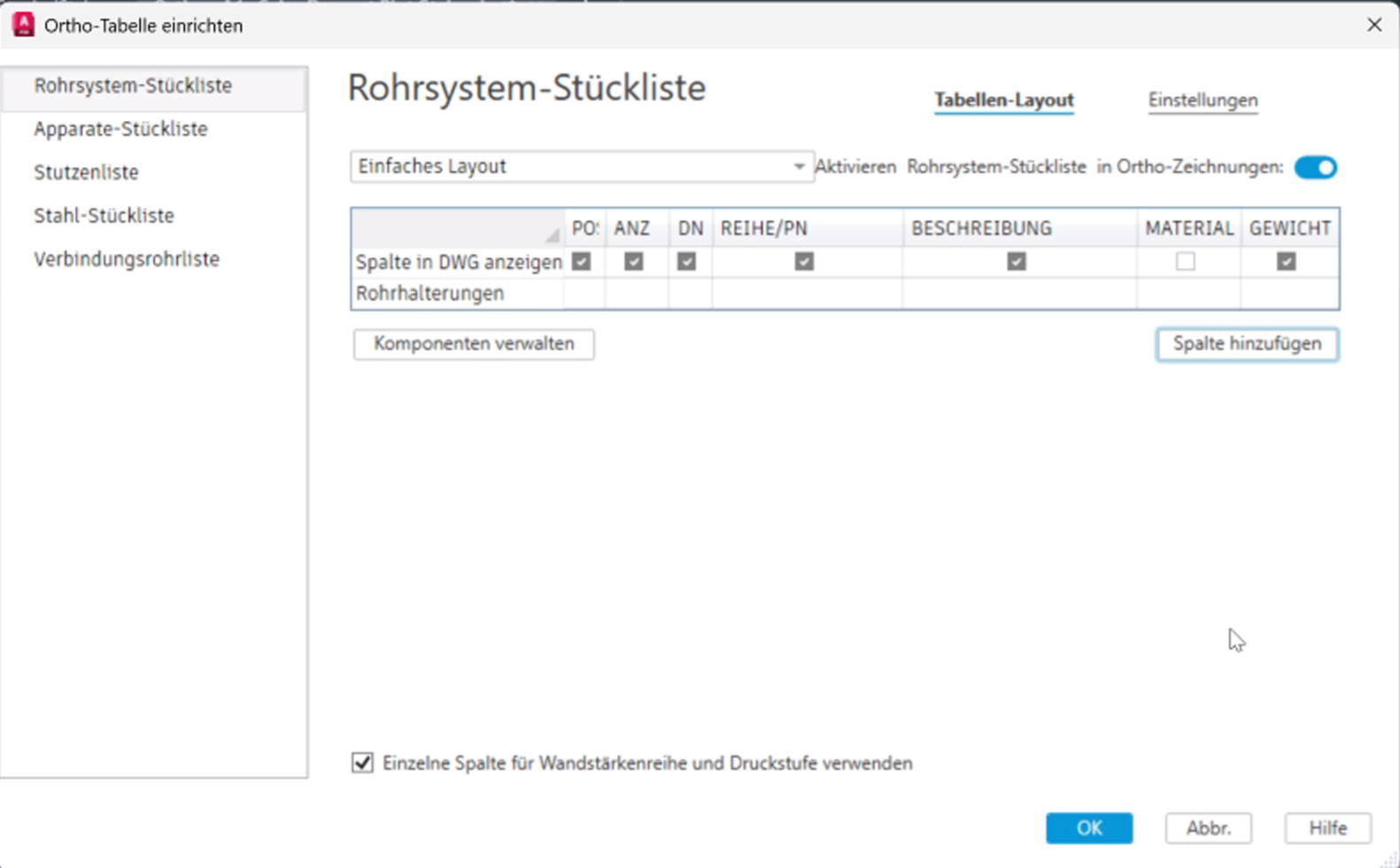 Rohrsystem-Stückliste konfigurieren