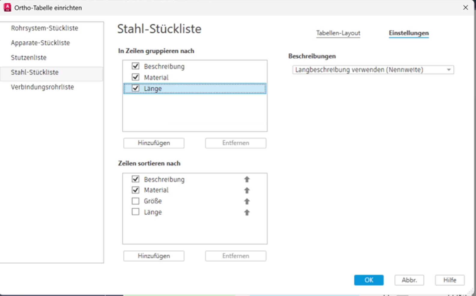 Stahl-Stückliste konfigurieren